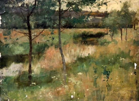 English School c.1900 Harvesters and other landscapes, largest 12 x 16in.